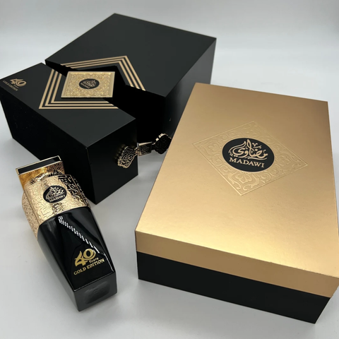 Arabian Oud Madawi Gold Edition unisex EDP bottle, 100ml, with gold accents and elegant packaging visible in the image.