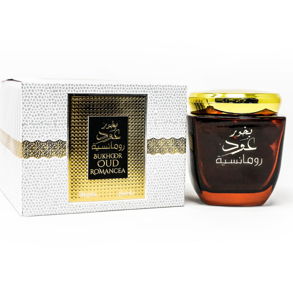 Decorative jar of Ard Al Zaafaran Bakhoor Oud Romancea, 80GMS, showcasing the luxurious oud incense for home fragrance.