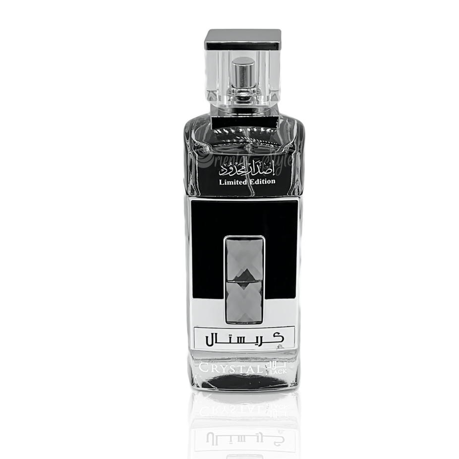 Crystal Black Eau de Parfum by Ard Al Zaafaran, 100ml bottle featuring a sleek black design and elegant perfume branding.