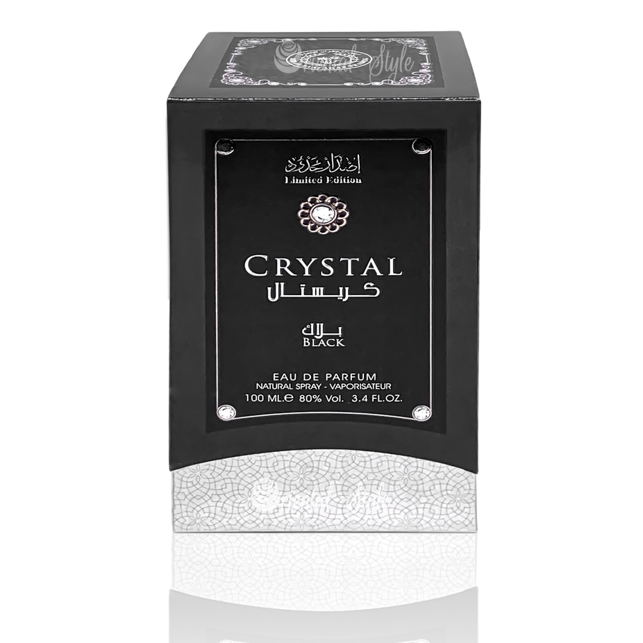 Crystal Black Eau de Parfum by Ard Al Zaafaran, 100ml bottle with sleek black design and elegant fragrance presentation.