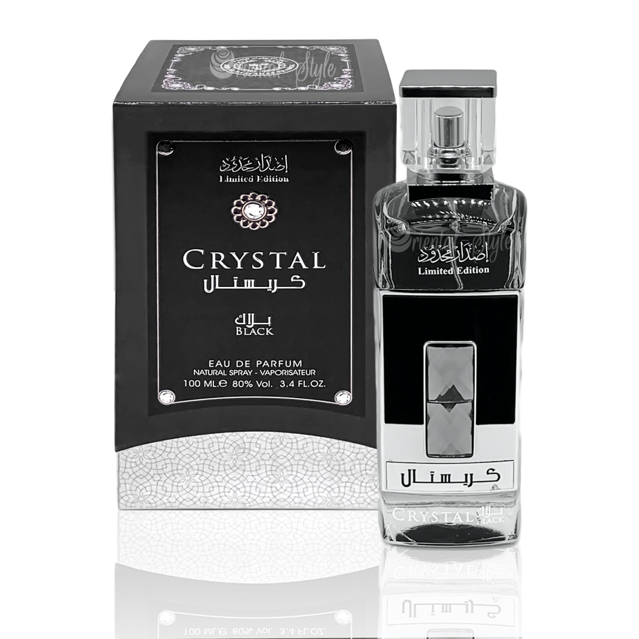 Crystal Black Eau De Parfum by Ard Al Zaafaran in a sleek black bottle with elegant gold accents, 100ml size.
