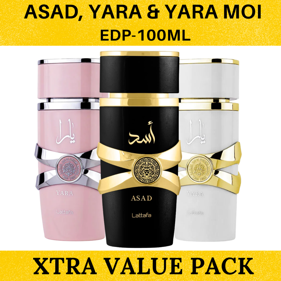 Bundle of Lattafa Asad, Yara & Yara Moi Eau de Parfum sprays in 100ml bottles, featuring elegant glass bottles and fragrance sprays.