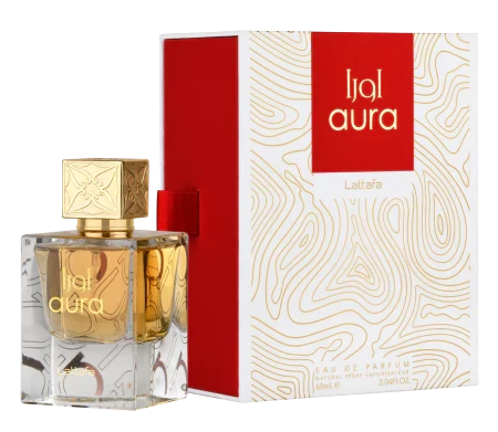 Lattafa Aura EDP perfume in 60ml bottle with a velvet pouch, featuring elegant packaging and floral, woody fragrance notes.