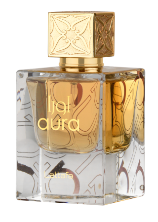 Lattafa Aura EDP perfume bottle, 60ml (2.04oz), elegant glass design for women, featuring a sleek, modern fragrance container.