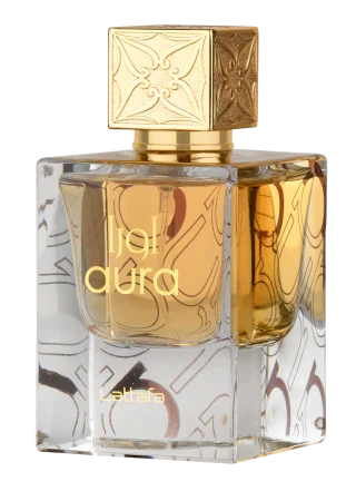 Lattafa Aura EDP 60ml perfume bottle with a velvet pouch, elegant glass design for women.