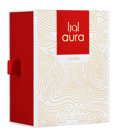 Aura EDP 60ml by Lattafa in elegant box, showcasing the perfume bottle and packaging for the Eau De Parfum fragrance.