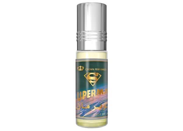Al-Rehab Super Man 6ml concentrated perfume oil roll-on with box, featuring masculine fragrance in a sleek glass bottle.