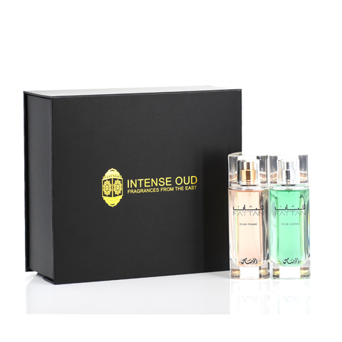 Rasasi Fattan perfume gift set for men and women with 50ml Eau de Parfum bottles in a decorative box.