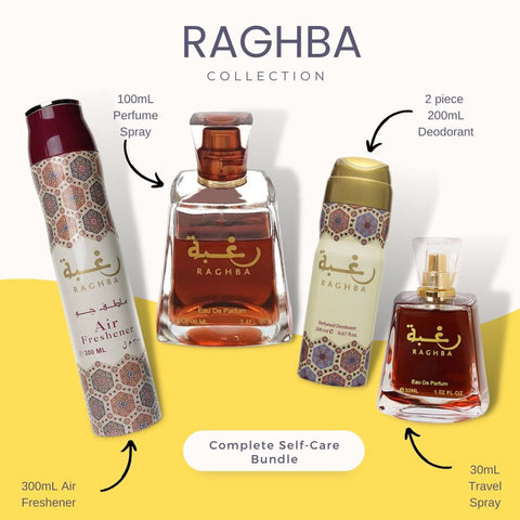 Intense Oud Raghba Collection bundle with perfume spray, travel spray, deodorants, and air freshener in fresh packaging.