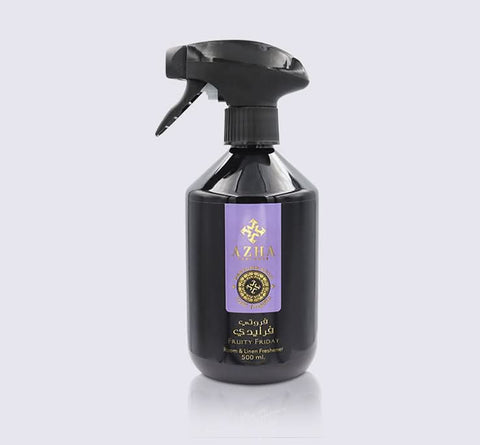 Azha Fruity Friday Room & Linen Freshener 500ml bottle with vibrant fruit-themed label and spray nozzle.