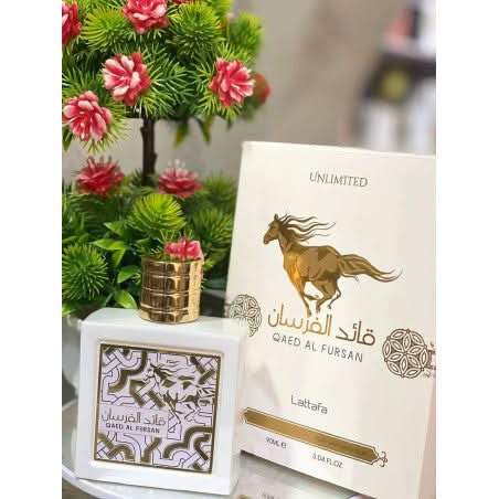 Qaed Al Fursan Unlimited Eau De Parfum by Lattafa, 90ml bottle, elegant design, original Arabic fragrance.