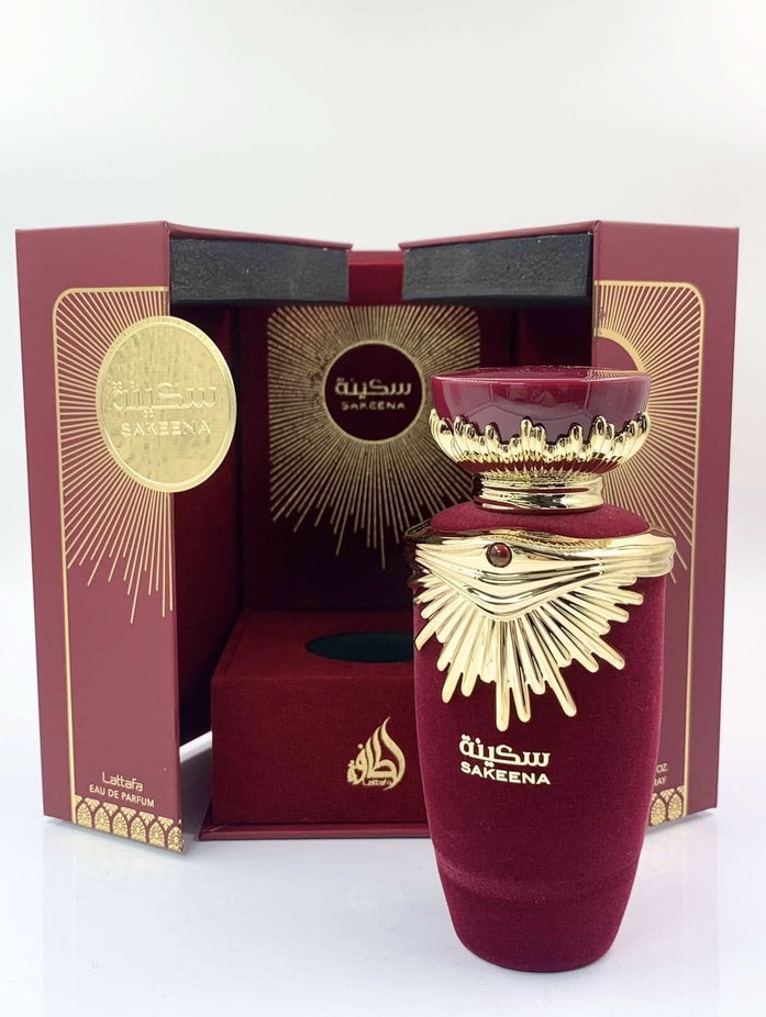 Lattafa Sakeena EDP 100ML perfume bottle with elegant design, showcasing the luxurious Eau De Parfum by Lattafa Perfumes