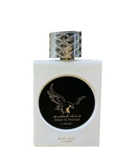 Malik Al Tayoor White EDP 100ml by Lattafa, elegant glass bottle of Eau De Parfum with white and gold accents.