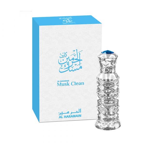 Al Haramain Musk Clean perfume oil bottle, 12ml, concentrated perfume oil, with a sleek design and clear labeling.