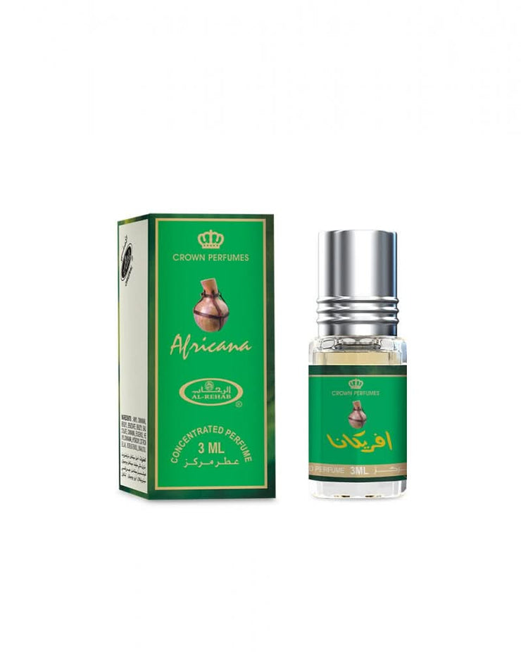 Africana 3ML perfume oil by Al Rehab, concentrated perfume oil bottle with elegant packaging and branding visible.