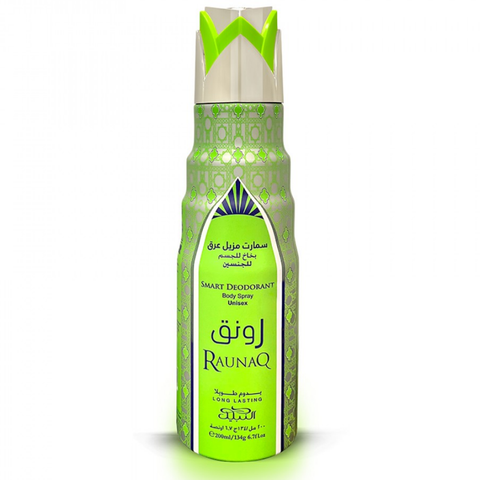 Nabeel Raunaq Deo deodorant spray bottle, 200ml, with sleek packaging and label featuring the Nabeel Perfumes brand name.
