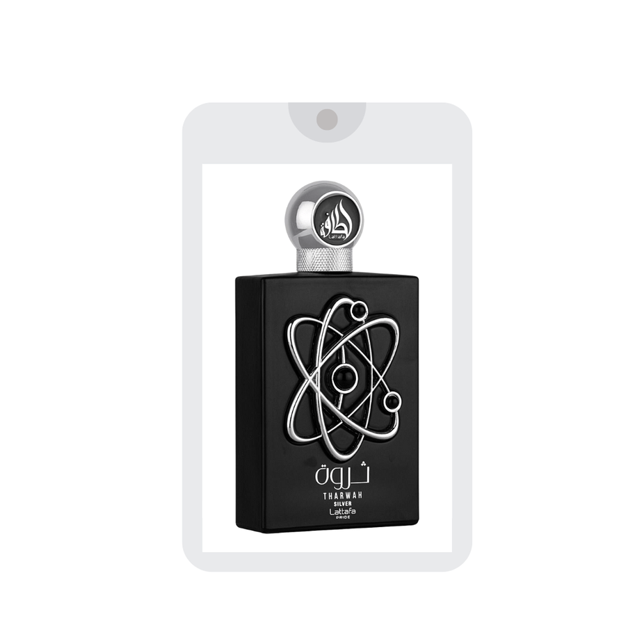 Lattafa Pride Tharwah Silver EDP sample bottle, 20mL tester, with silver cap and clear packaging showing the fragrance.