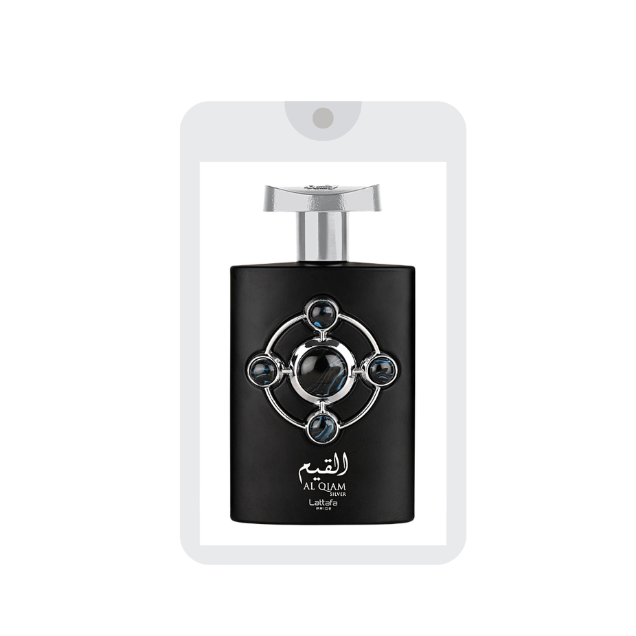 Lattafa Pride Al Qiam Silver Tester sample in 20mL, featuring a sleek perfume bottle with silver accents and a clear cap.