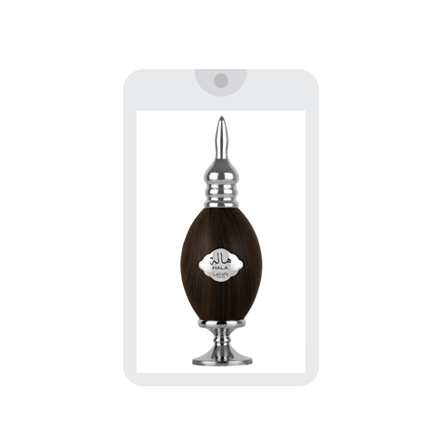 Lattafa Pride Hala EDP tester bottle, 20mL sample with floral and oriental fragrance notes, shown in a clear glass container.