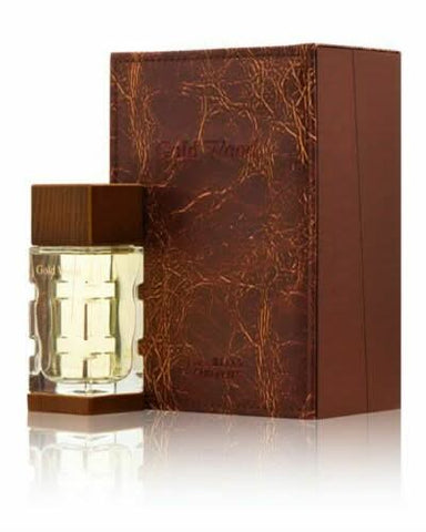 Gold Wood Oud Elite EDP for men in a 100ml bottle with a gold cap, featuring a luxurious wood and oud fragrance