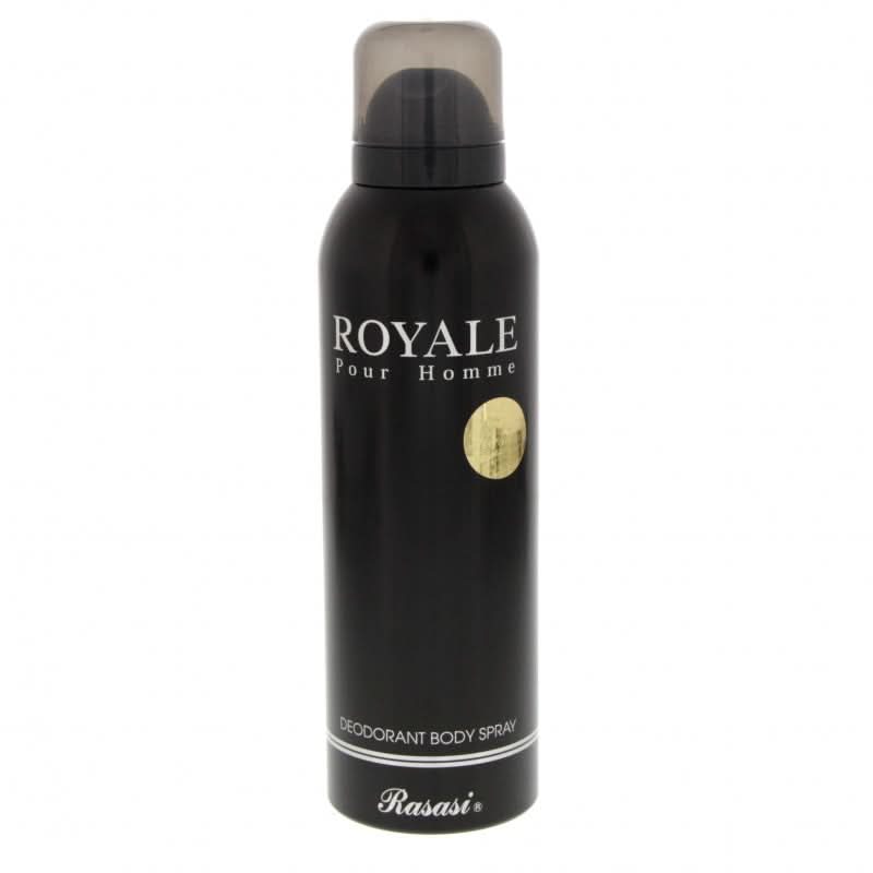 Rasasi Royale for Men perfume EDP and deodorant spray bundle, 75ml and 200ml bottles, stylish packaging and branding.