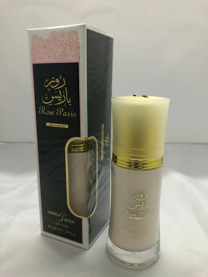 Ard Al Zaafaran Rose Paris Lotion 50g jar with elegant pink floral design and white cap, showcasing luxurious skincare packaging.