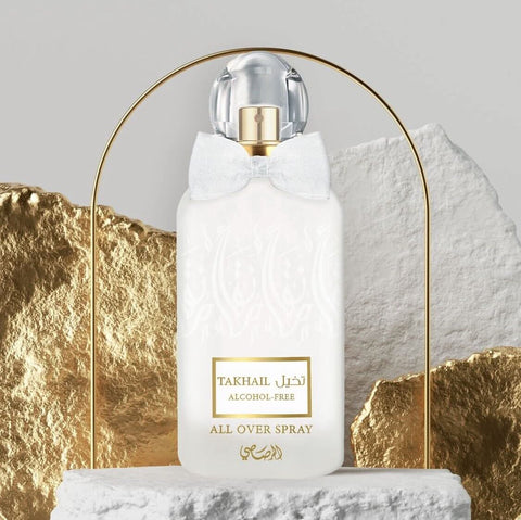 Rasasi Takhail All Over Spray Eau De Parfum with cedarwood, sandalwood, and musk in a 100ml bottle.