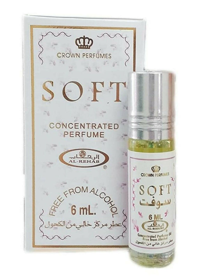 Soft 6ml concentrated perfume oil by Al Rehab in a clear glass bottle with a white cap, showcasing the product label.