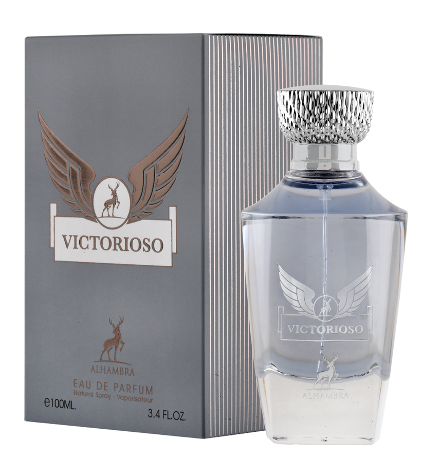 Maison Alhambra Victorioso Eau de Parfum spray bottle, 100ml, with elegant packaging and floral scent design.
