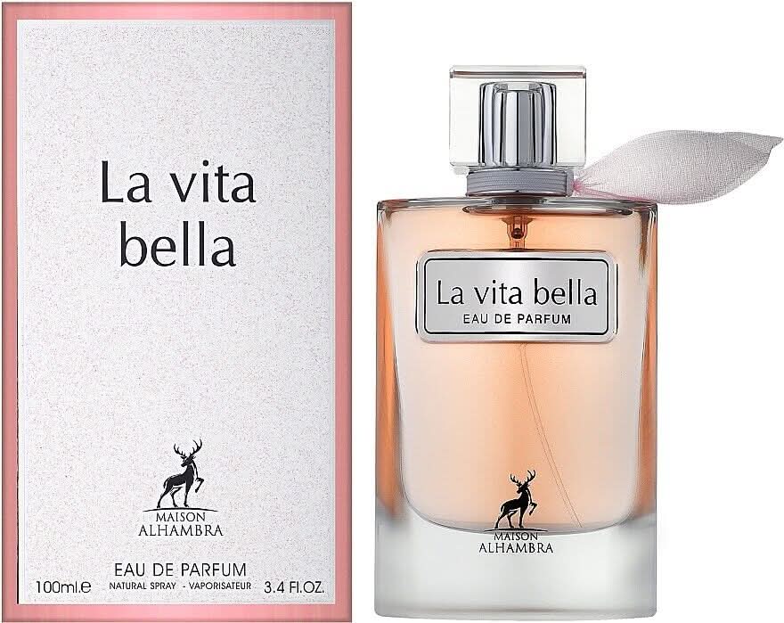 Maison Alhambra La Vita Bella Eau de Parfum spray 100ml, elegant glass bottle with floral and citrus notes visible.