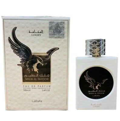 Lattafa Malik Al Tayoor White Eau De Parfum 100ml bottle with sleek white packaging and elegant design.