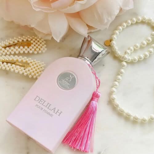 Maison Alhambra Delilah Pour Femme Eau de Parfum spray, 100ml, featuring elegant floral and citrus notes in a sleek bottle.