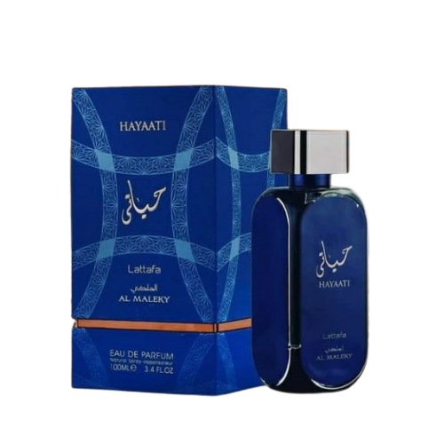 Lattafa Hayaati Al Maleky Eau de Parfum spray 100ml, elegant glass bottle with floral and woody fragrance accents.