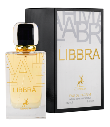 Maison Alhambra Libbra Eau de Parfum spray 100ml, elegant glass bottle with a sleek design and silver cap.
