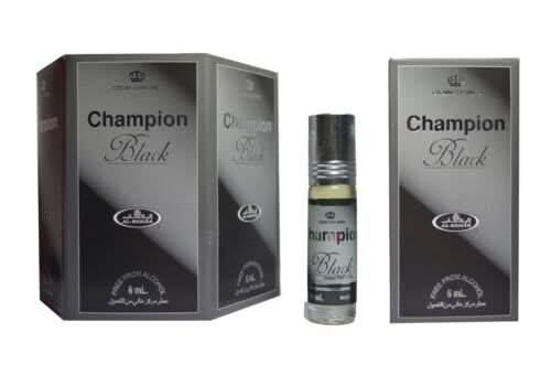 Six bottles of Al-Rehab Champion Black 6ml concentrated perfume oil roll-ons in a box, with black packaging and silver caps.
