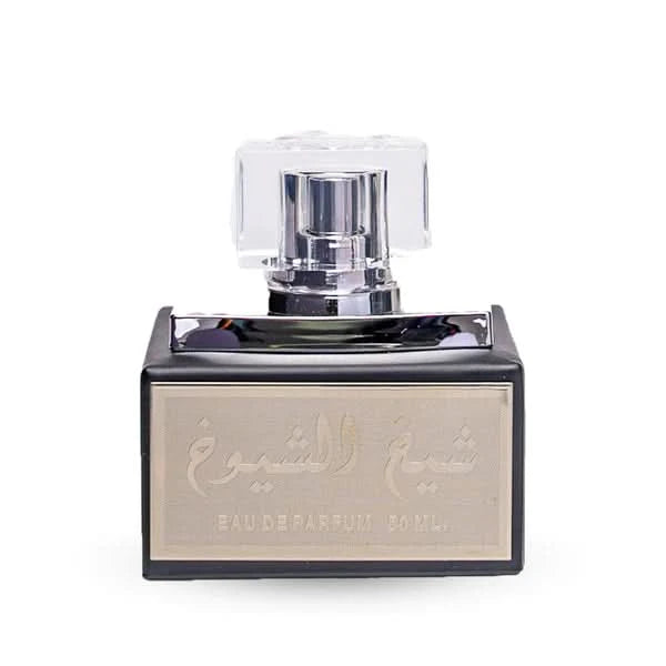 Lattafa Sheikh Al Shuyukh Black EDP 50ML perfume in a velvet pouch, featuring sleek black bottle and elegant packaging.