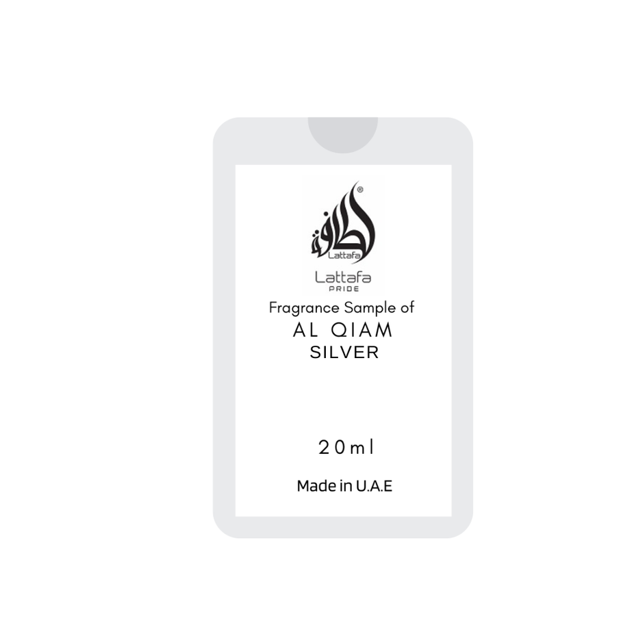Lattafa Pride Al Qiam Silver Tester sample bottle, 20mL (0.7oz), featuring a sleek silver packaging design.