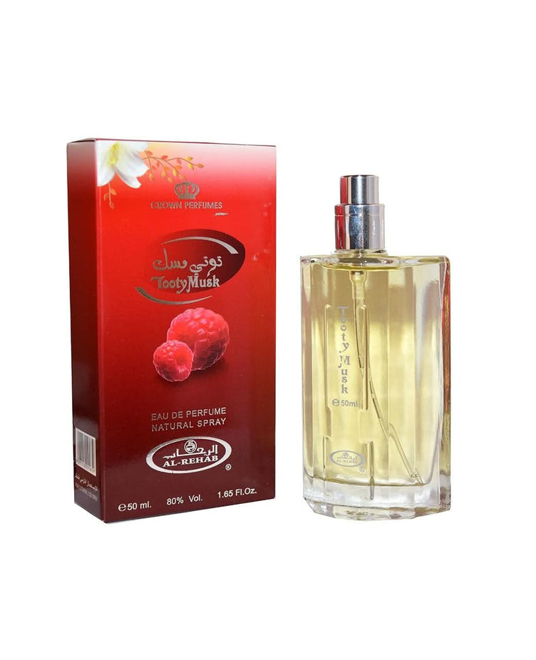 Tooty Musk Eau de Parfum spray by Al Rehab, 50ml, featuring a sleek bottle design and Arabic-inspired fragrance for women.